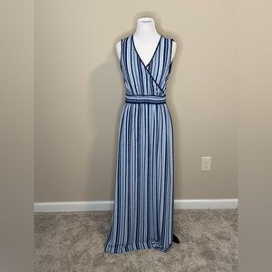 Promisa Striped V-Neck Blue Maxi Dress